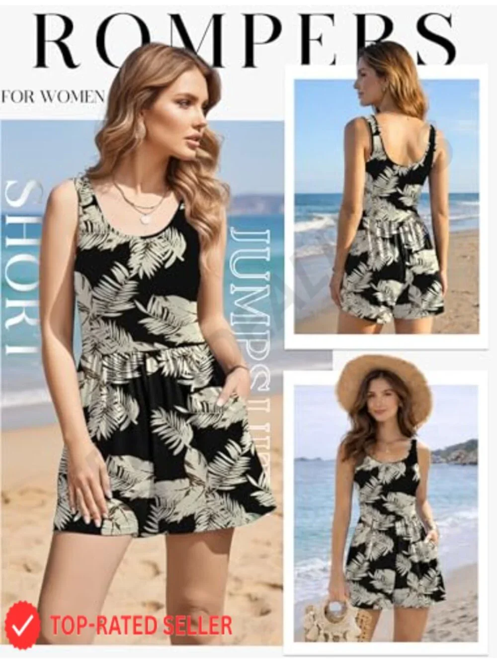Women's Casual Summer Romper Sleeveless Scoop Neck Short Jumpsuit with Pockets